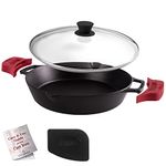 Cuisinel Cast Iron Skillet with Glass Lid - 12"-Inch Dual Handle Frying Pan + Pan Scraper + Silicone Handle Holder Covers - Pre-Seasoned Oven, Grill, Stovetop, Fire, Indoor/Outdoor Safe Cookware