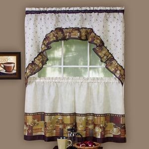 Embellished Tier and Swag Window Curtain Set - 57 Inch Width, 24 Inch Length - Coffee - Light Filtering Polyester Drapes for Kitchen, Bedroom, Living & Dining Room by Achim Home Decor