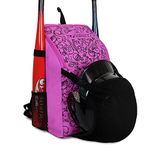 PHINIX Baseball, T-ball or Softball Backpack Holds Bat helmet Glove with Fence Hook for kids (Pink)