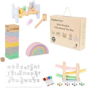 Wooden Toys for Kids, 5 in 1 Learning Educational Set (Includes Rainbow Stacker, Hammering Pounding, Race Track, Tumbling Tower Blocks, Alphabet Writing)- Gift for Boys Girls
