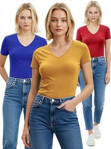 Emmalise Women's Plain Short Sleeve V Neck T Shirt(3P-Ryl/Mstd/Red-1X)