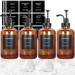 GYOSUGANG Coffee Syrup Dispenser, Set of 4 Amber Glass Syrup Bottle w. Pump and Labels, 16.9 oz 500ml Glass Syrup Bottle with Pump, Farmhouse Syrup Dispenser for Coffee Bar, Ideal Gift