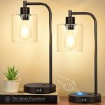 Industrial Touch Control Table Lamps Set of 2 - Black Bedside Lamps with 2 USB Ports and AC Outlet, 3-Way Dimmable Nightstand Desk Lamps for Bedroom Living Room, Glass Shade & 2 LED Bulbs Included