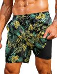 COOFANDY Men Swim Trunk with Compression Liner 2 in 1 Swimwear Bathing Suit Quick Dry Board Short, Print Yellow Leaf, Large