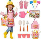 Kids Gardening Outdoor Tools Set with Adorable Sun Protective Hat & Bunny Apron, Carrot-Shaped Shovel Rake Trowel, Garden Kit for Toddlers Ages 3-8, Spring Birthday Gift