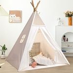 Jodimitty Kids Teepee Tent Indoor with Integrated Mat 120x120x160cm White Cotton Canvas Play Tents Birthday Gift for Girls Boys, Window Lanyard Design & Chic Ball Decoration, with Carry Bag