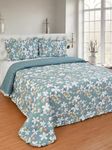 MORADO Luxury Ultrasonic Glace Cotton Floral Printed Lightweight All Season Bedspreads/Quilted Bed Cover with Beautiful Lace & 2 King Size Pillow Covers - 90x100 inch (Blue)