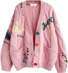 Hotexy Womens Open Front Cardigan Cable Knit Long Sleeve Button Down Embroidery Cardigan Sweaters,Pink,X-Small