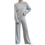 Ribbed Knit Lounge Wear Sets for Women UK Track Suits 2 Pieces Outfits Co Ord Sets Knit Sweater and Wide Leg Pants Tracksuit Full Set Ladies Airport Outfit Pjs Sets Loungewear Sleepwear Homewear