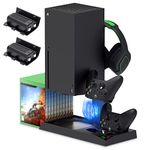 Cooling Stand for Xbox Series X Console with Controller Charger Station, Cooling Fan with 2X1400 mAh Rechargeable Battery Pack&10 Game Storage Organizer, Headphone Holder for Xbox Series X Accessories