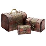 Small Wooden Treasure Chests, 3-Size Set of Decorative Storage Boxes with Hand-Carved Floral Motifs, Antique Style