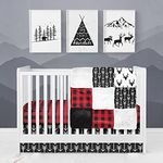 Crib Bedding Sets for Boys - 3 Piece Woodland Set for Baby boy Rustic Nursery Decor | Quilt Blanket, Crib Sheet, Skirt - Deer Antler, Arrow Buffalo Plaid (Woodland Deer) (Red Buffalo Plaid)