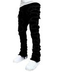 Conshvi Men's Slim Fit Stretch Jeans Distressed Patchwork Stacked Frayed Straight Leg Skinny Denim Pants, Black, Medium