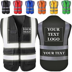 Custom Safety Vest Personalized Logo/Text/Name Customize High Visibility Vests with Pockets and Zipper Bulk for Women Men Work-Black