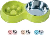 JACKO & CO - Double Slow Feeder - Food and Water Bowls for Pets - for Small and Medium Dogs, Puppies, Cats - Removable Stainless Steel Bowl - Non Slip - Anti Choke - Easy to Use (Green)