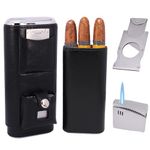 AMANCY Superior 3 Holder Black Leather Cedar Wood Liner Cigar Case Combo Set with Lighter and Cutter Perfect Completed Gift Kit for Cigar Lovers