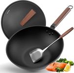 Carbon Steel Wok, 13-Inch Wok Pan Nonstick with Lid Woks & Stir-Fry Pans No Chemical Coated Wok Pan with Spatula Flat Bottom Cookware Chinese Wok for Induction, Electric, Gas, Halogen, All Stoves