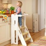 Toddler Learning Tower for Ages 3+, Foldable Kids Step Stool with 2-Level Adjustable Height, Full Safety Rail, Anti-Slip Kitchen Standing Helper for Counter, Bathroom & Sink & Reading (Yellow)