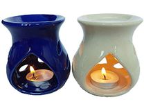 Mkd2 Rise Ceramic Clay Candle Aroma Oil Burner Diffuser Lamp (White & Blue) -Set of 2 for Home Fragrance