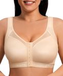 FeelinGirl Front Closure Post Surgery Compression Bra with Adjustable Straps Wireless Breast Augmentation Post Op Bras, Beige, Medium
