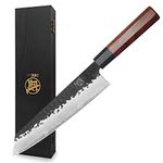 MITSUMOTO SAKARI Japanese Kiritsuke Chef Knife, High Carbon Stainless Steel Kitchen Knife, 9 inch Professional Hand Forged Meat Sushi Knife (Rosewood Handle & Sandalwood Box)