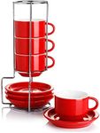 Sweese 404.104 Porcelain Stackable Espresso Cups with Saucers and Metal Stand - 2.5 Ounce - Set of 4, Red