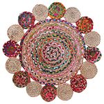 Kuber Industries Handmade Braided Area Rug|Anti-Skid Organic Natural Jute Multi Circle Border Door Mat|Carpet for Bedroom,Living Room,Dining Room,72x72 cm,(Multicolor)