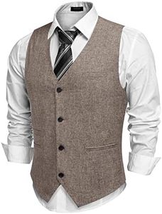 COOFANDY Men's Slim Fit Tweed Suit Vest Formal Business Herringbone Waistcoat Light Khaki Small