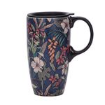 Topadorn Ceramic Mug with Lid and Handle Tall Coffee Cup for Home 17oz.Dark Blue