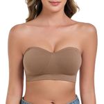 ANGOOL Strapless Bras for Women Non Wired Bandeau Bra Seamless Padded Non Slip Stay Up Supportive Lift Lightweight Breathable Multiway Bra, Brown, M