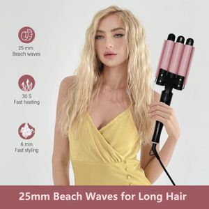 janelove 3 Barrel Hair Waver 25mm Ceramic Beach Wave Curler – 2 Temp Settings, Heat-Resistant Glove