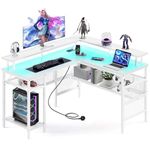 Yornoli L Shaped Gaming Desk with Led Lights＆Power Outlet, 140cm Corner Gaming Desk for Home Office Computer Desk with Monitor Stand & Storage Shelves, White