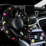 Cute Steering Wheel Cover Flower Steering Wheel Cover Floral Steering Wheel Cover for Women with 4 Pieces Cute Flowers Car Air Vent Clips for Lady Women Car Decorations (Butterfly Style)