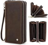 Sam's Design Men's Genuine Leather Clutch Business Travel Double Zip Around Purse 4 Interlayer Vintage Long Wallet with Wrist Wrap Dark Brown