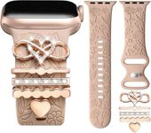 mFoniscie Flower Engraved Bands Compatible with Apple Watch Straps 40mm for Women 38mm 41mm, Soft Silicone Sport Band With Decorative Charms for iWatch Series 9 8 7 6 5 4 3 2 1 SE [WATCH NOT INCLUDED]