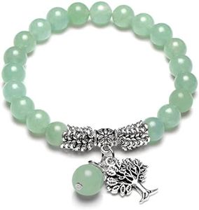 Top Plaza Stretch Green Aventurine Tree of Life Lucky Stone Bracelet Reiki Healing Crystal Gemstone Dangle Charms Pendant Birthstone Bracelet(6.2")