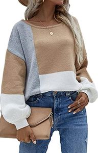 ECOWISH Women Sweater Long Sleeve Color Block Knit Pullover Sweaters Crew Neck Patchwork Casual Loose Jumper Tops 196 Khaki X-Large