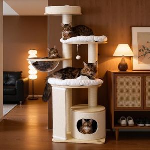 Sopapets Modern Luxury Wood Cat Tree Tower for Large Cats, Wooden Cat Tower with Scratching Posts, Hammock, Oversized Perch and Private Condo for Indoor Cats