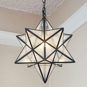 Modern Moravian Star Pendant Light Seeded Large Glass Hanging Lights with Adjustable Chain, 16'' Diameter Shade Lighting for Kitchen Porch Dining Foyer Bedroom