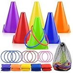 26Pcs Outdoor Ring Toss Game Set, Garden Games Outdoor Equipment for Children, 3 In 1 Carnival Combo with Bean Plastic Cones and Ring Toss, for Children Adults Family Outdoor Indoor Activity