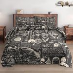 Twin Size Comforter Set with Pillowcase, Halloween Stone Skull Medieval Bat Soft Bedding Set for Kids and Adults Bedroom Bed Decor