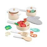 Fisher-Price Preschool Toy Wooden Pots & Pans Set for Kitchen Pretend Play, 19 Wood Pieces for Kids Ages 3+ Years, HXT83