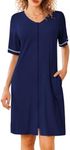 Ekouaer Women Zipper Robes Short Sleeves Housecoat Lightweight Bathrobes Zip Up Robe Casual Nightgown with Pockets Navy Blue,Medium