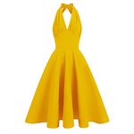 Wellwits Women's Plunge V Neck Halter Backless 1950s Vintage Dress Yellow XL