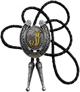 Moranse Bolo Tie Golden Initial Letter A to Z In Western Cowboy Horseshoe Style with Cowhide Rope Necktie(J)