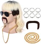 yuehong Short Black Roots Blonde Wig Rock Star Style Cosplay Wig Mullet Fashion Wig Heat Resistant Wig with Earrings Golden necklace