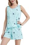 CHUNG Women's Short Pajama Set Cotton Tank Tee Top Pjs Shorts Cute Animals Print Summer Plus Size, Green Star, 24-26