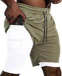 Oudrtent Mens 2 in 1 Running Training Shorts 7inch Quick Dry Workout Gym Shorts with Zipper Pockets Green/White