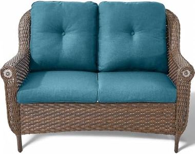 ACTREST Patio Loveseat Outdoor Wicker Sofa - Heavy Duty All-Weather Brown Rattan 2-Person Sofas with High Back and Comfortable Thick Cushions for Garden Back Porch Poolside Apartment - Peacock Blue