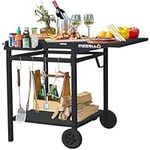 PIZZELLO Outdoor Grill Dining Cart Movable Pizza Oven Trolley BBQ Stand Double -Shelf Outdoor Worktable with 2 Wheels and 4 Hooks